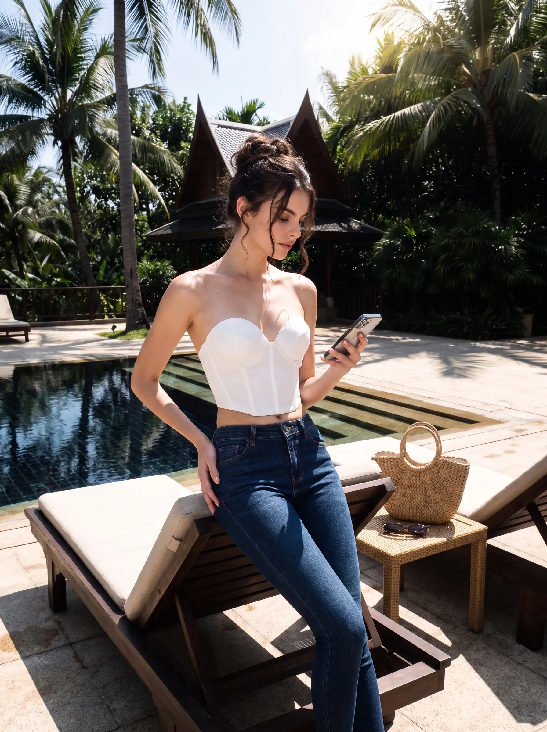 a SHER corset top in ivory, showing its structured bust seaming, worn with jeans beside a black-tiled pool