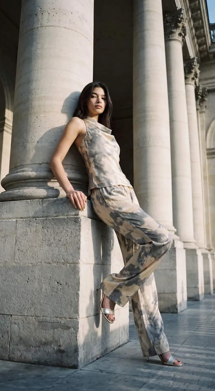 a SHER matching set: a watercolor-print halter top with matching wide-leg trousers, on a model beside stone columns